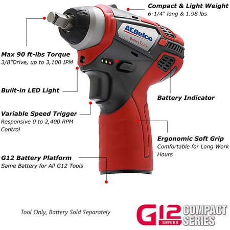Acdelco G12 K1 Combo 3/8" BLDC Ratchet, 3/8" Impact Wrench, 2-Battery ARW12103-K1